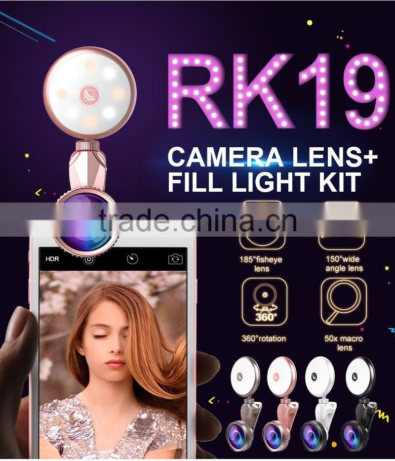 Wholesale Beauty RK19 selfie ring light Mobile phone 2 in 1 fisheyes lens Led fill light