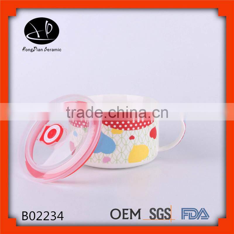 White Porcelain Soup Bowl with Handle, Good Price Quality Convenient Micowave Keep Fresh Noodle Bowl