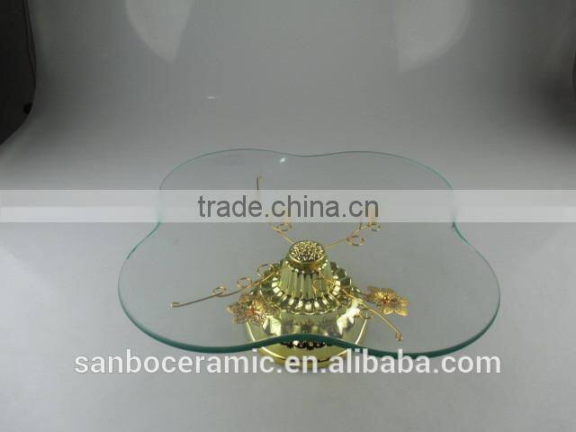 Hanging crystals cake stand, rectangle golden glass cake plate with footed and handle
