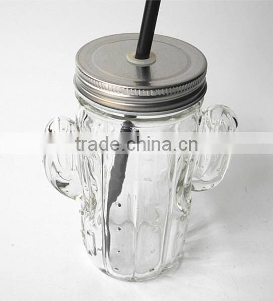 cactus plant unique shape clear glass juice mason jar with silver lid and straw