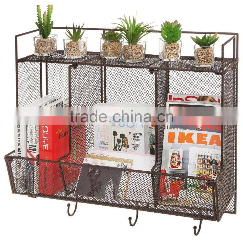 Metal Wire Mesh 3 Compartment 3 Hook Organizer Storage Rack