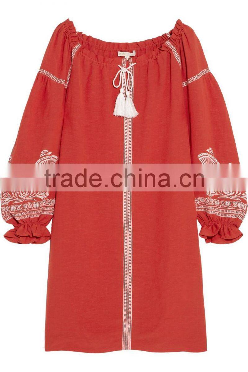 Cool Bohemian Embroidered Slub Crepe Linen Mini Dress Hand Flora Embroidery Designs 2016 HSD5750