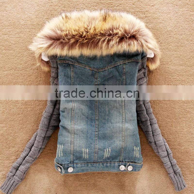 2016 Women winter removable denim parka coat wholesale denim jacket with raccoon fur collar