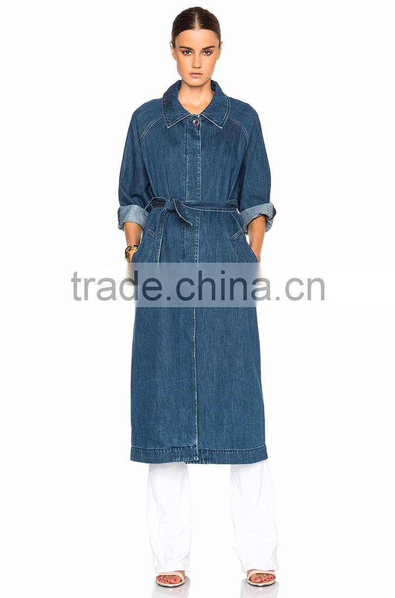 latest design fitted elongated long denim coat for women