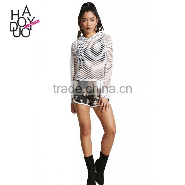 HAODUOYI Fashion Soild Mesh Hollow Out Women Hooded T-shirt Long Sleeve White Brief Lady Short Tops for Wholesale