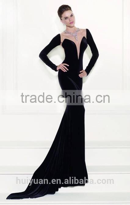 long sleeve see though back black velvet evening dress