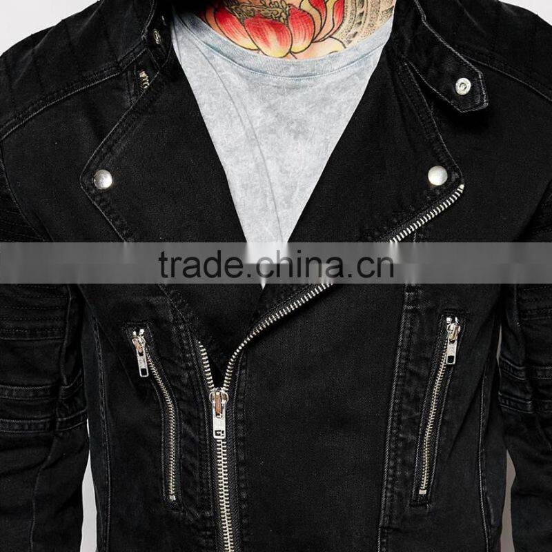 Black plain fashion cool denim jacket mens with multi zippers