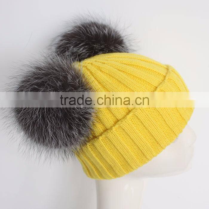 Myfur Yellow Color Wool Knitting Beanie Hat with Genuine Silver Fox Fur Pompoms