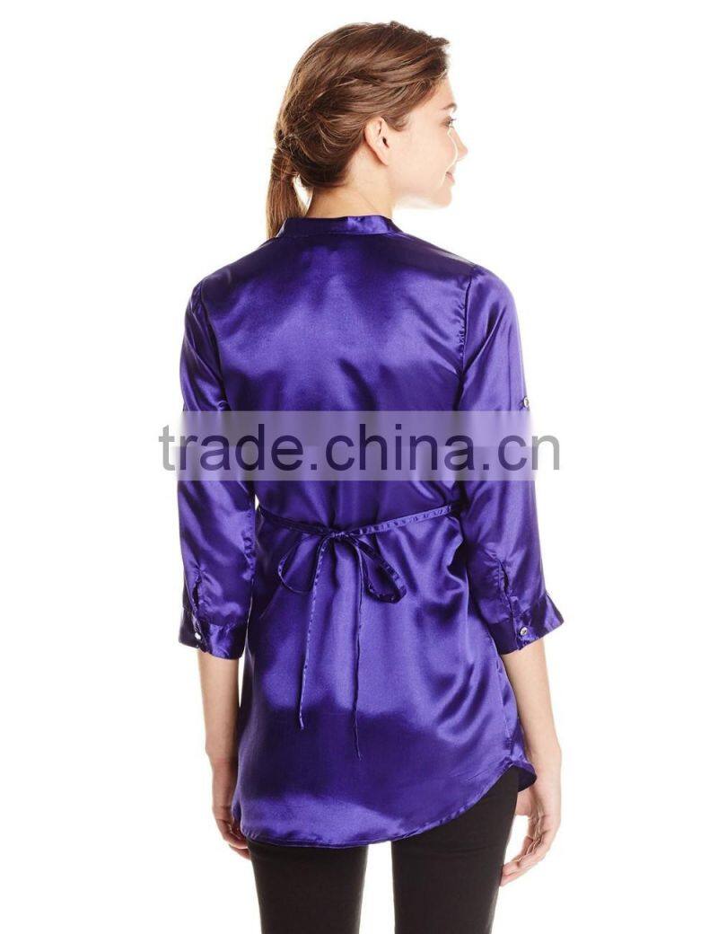 Roll 3/4 Tab Sleeve Satin Pintuck Tunic Dress