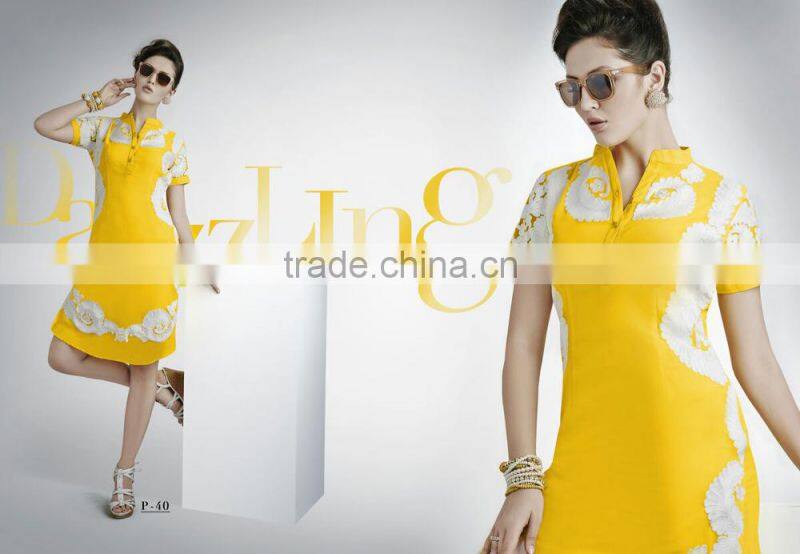 Salmon and Red color with Gold flakes neck design Vogue Designer Kurtis