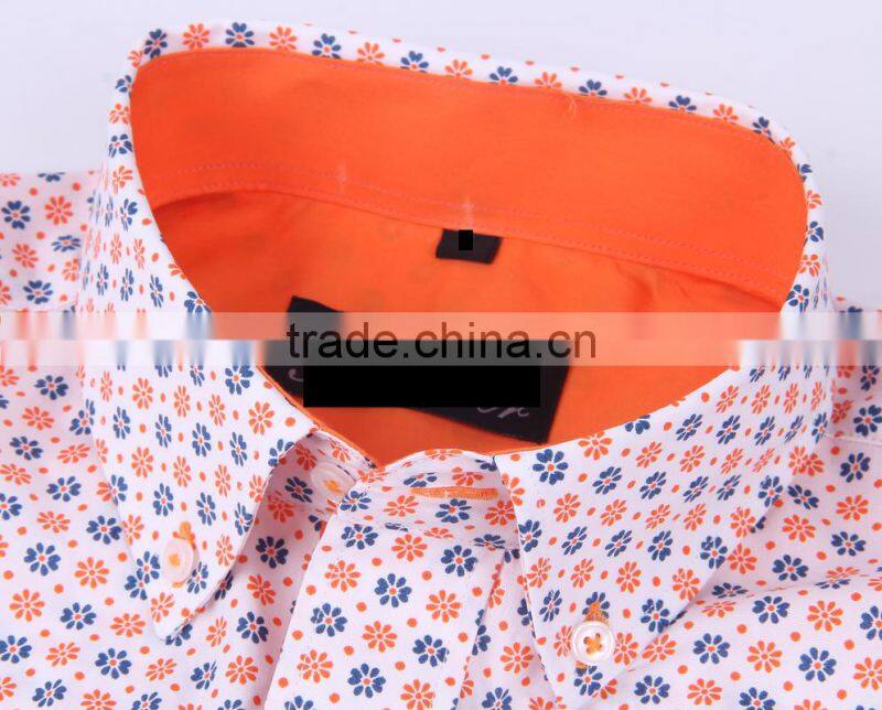 2017 floral printed men's long sleeve button down collar slim fit shirt with contrast collar and cuff