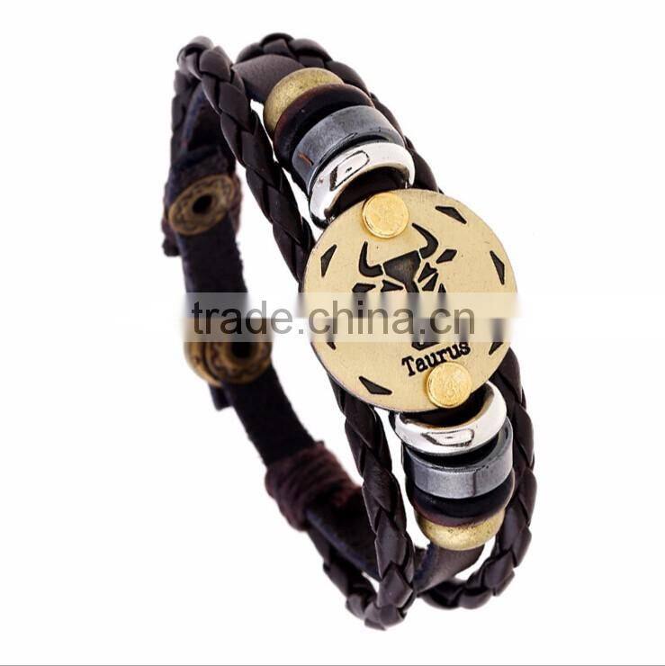 Retro 12 Zodiac Womens Mens Genuine Real Braid Faux Leather Bracelet Bangle Cuff Wristband Handmade Jewlery