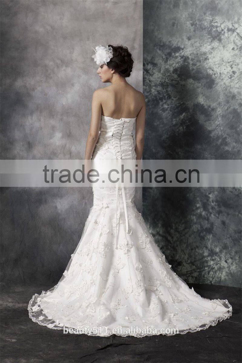 Mermaid Sweetheart Court Train wedding dress Elegant Lace and Satin bridal gown AS30202