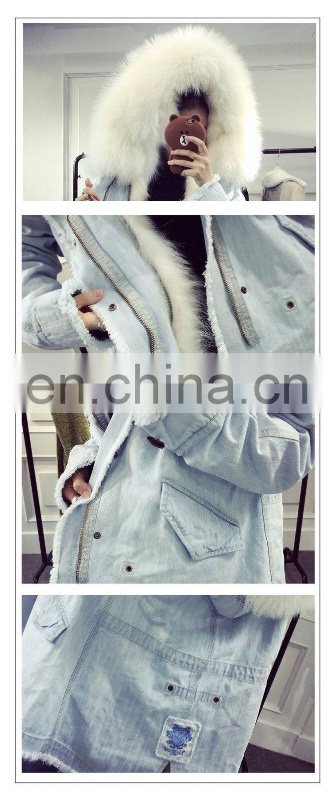 Custom High Fashion Lady Autumn and Winter Cheap Genuine Raccoon Fur Lining Women Jean Coat