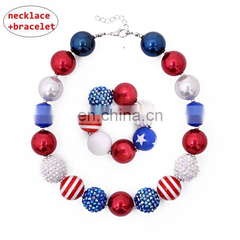 USA Flag Chunky Necklace bracelet 2pcs Set Girl bubble beads Jewelry Sets