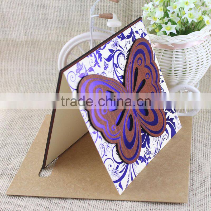 Unique 2016 Butterfly Shape Wooden Wedding Invitation Card with Hot Foil Words