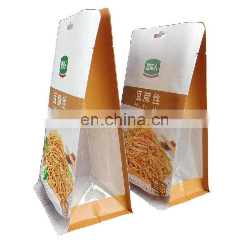 Stand up flat bottom white kraft paper bag custom logo 390g Tofu Wire pouch resealable gusset bag with clear side window