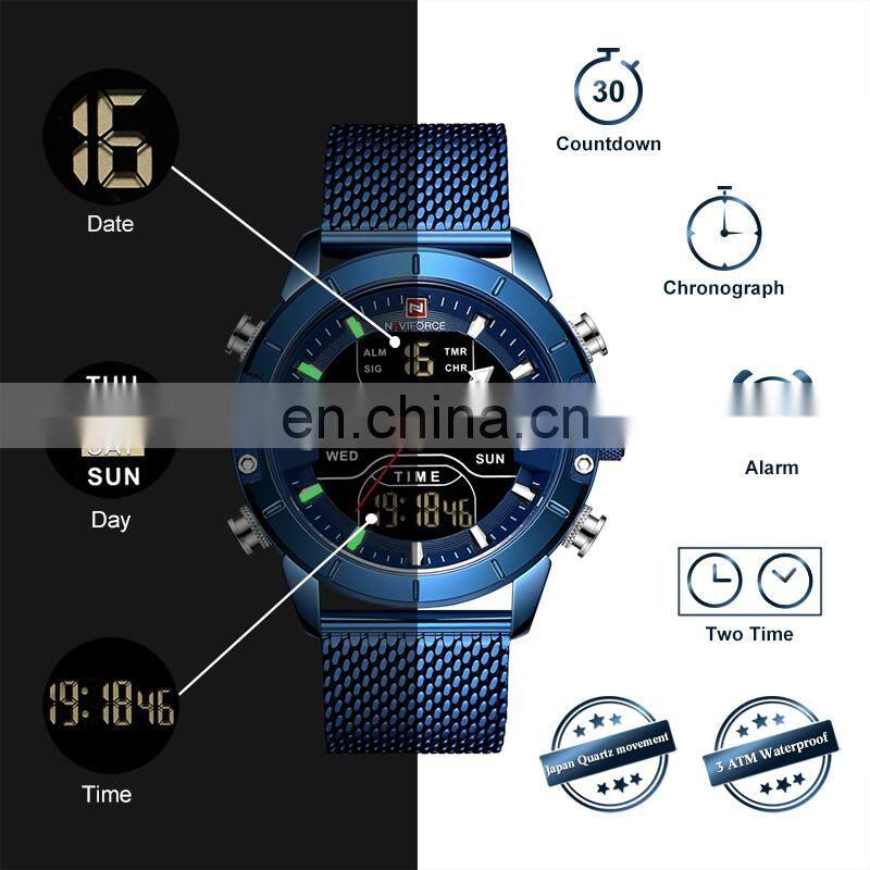 NAVIFORCE 9153 Men Week Time Display Stainless Steel Japan Quartz Business Wristwatch Digital Watches