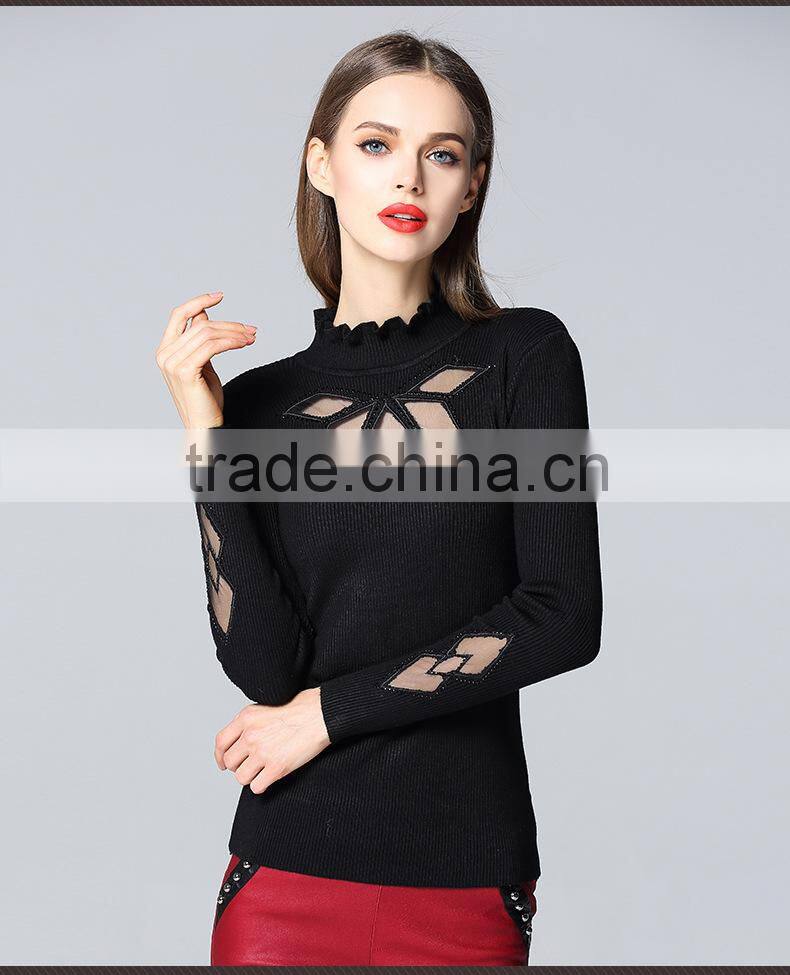 Special design see through look pullover collar sexy knitwear for Fashion leads
