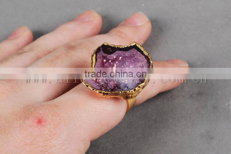 Fashion Vintage Antique Ajustable Golden Plated Druzy Geode Agate Statement Wide Ring