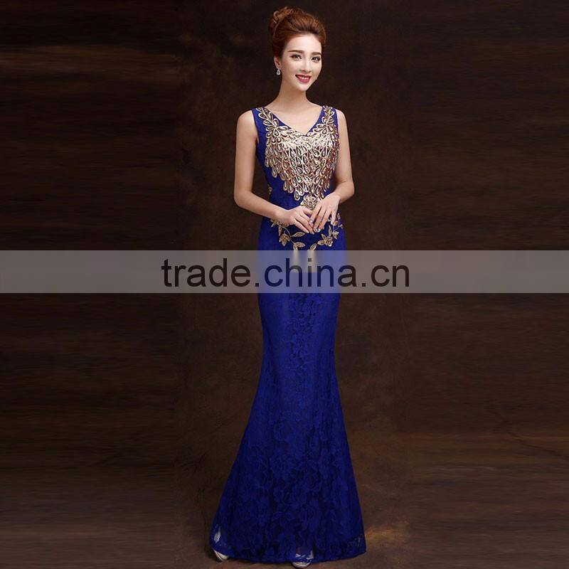 Women's Blue V-Neck Print Floor-Length dress