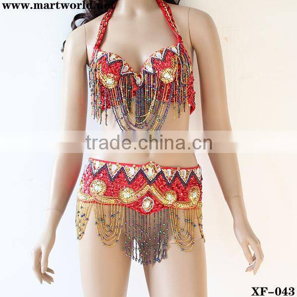 pink sequin beaded bra top and belt costume (XF-043 pink)