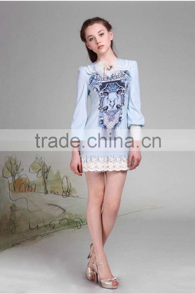 2015 Fashionable Long Sleeve Pencil Printed Young Girl Dress