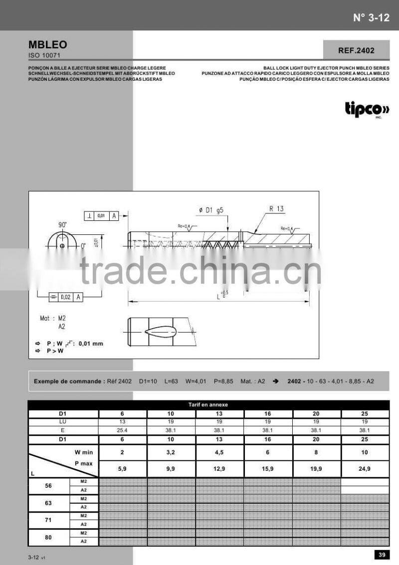 Rabourdin MBLEO standard ISO 10071 ball lock light duty ejector punch