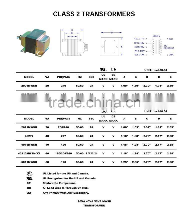 UL CUL CSA CE 120V ac class 2 transformer for garage door opener, UL control transformer