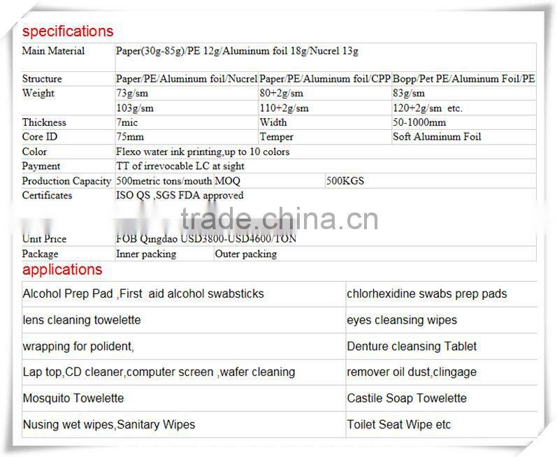 Aluminum Foil Paper For Lemon Glycerin Swab Stick /iodine Pad /alcohol Pad