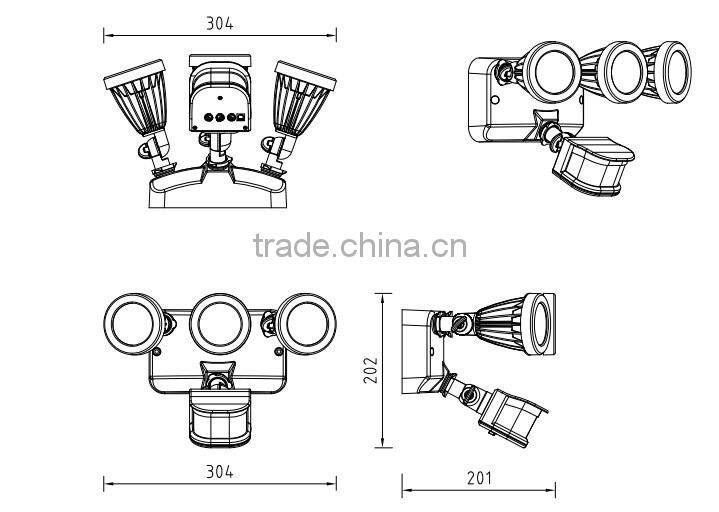 Triple Heads 36W 2700-6500K Die-cast Aluminum 220 volt motion sensor light