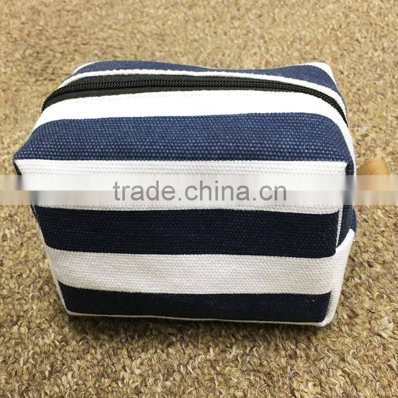 block stripe cotton canvas zipper make up bag small pouch case