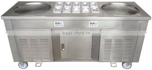 Fried frozen yogurt ice cream machine /Double flat round pans fry roll ice cream machine