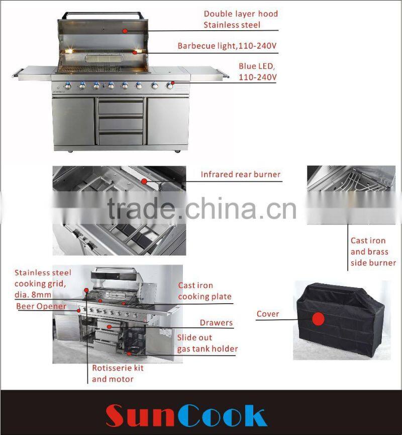 6 main burners high end Stainless steel barbecue gas grill