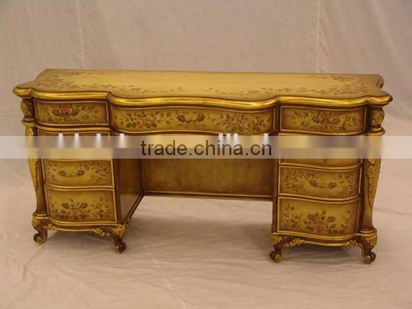 Antique Hand Carved Bedroom furniture, Luxury Gold Painted Wooden Dresser, Classical Drawing Art Dressing Table