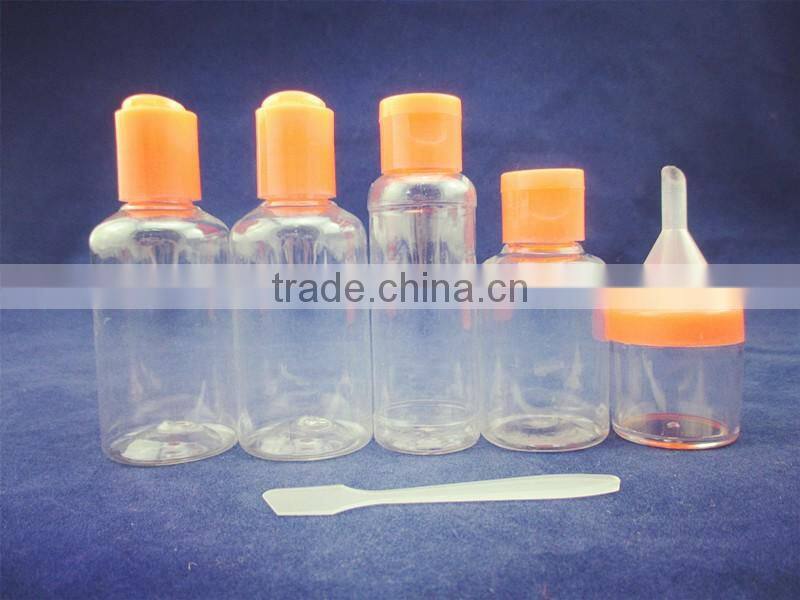 7pcs platic cheap color travel bottle kits with pink cap travel bottle set