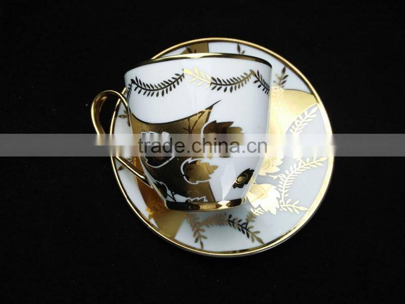 Fine china electric porcelain tea cup and saucer set golden printing cup and saucer cheap