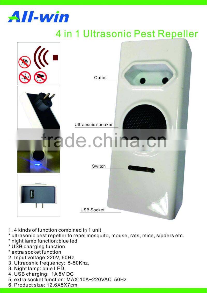 4 in 1 portable USB charging / Plug ultrasonic pest repeller with night light