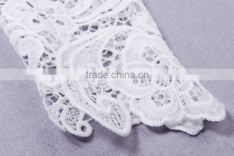 High collar long sleeve Knee length white lace dress