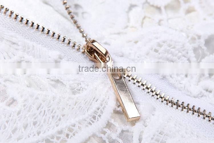 High collar long sleeve Knee length white lace dress