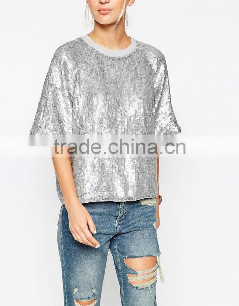 fashionable long sleeve o-neck ladies sequins sparkling t-shirt design