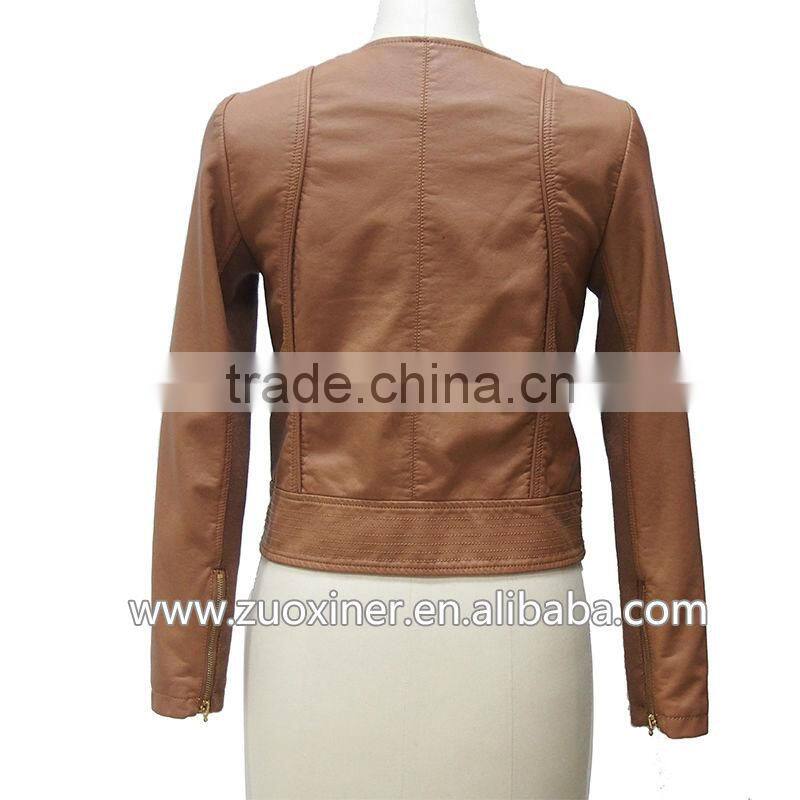 Women's PU leather jacket,round collar faux leather jacket