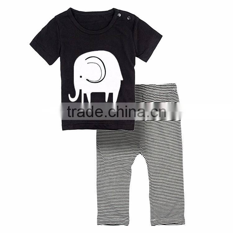 (Cool Clothing Suit) Summer Baby Clothes Cotton Cute White Elephant Classic Black Top Tee and Stripped Pants For Infants