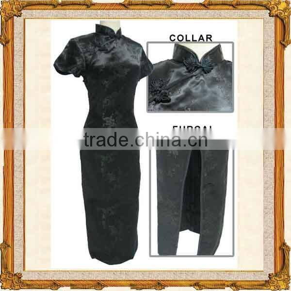 Long length dark blue chinese style silk cheongsam dress