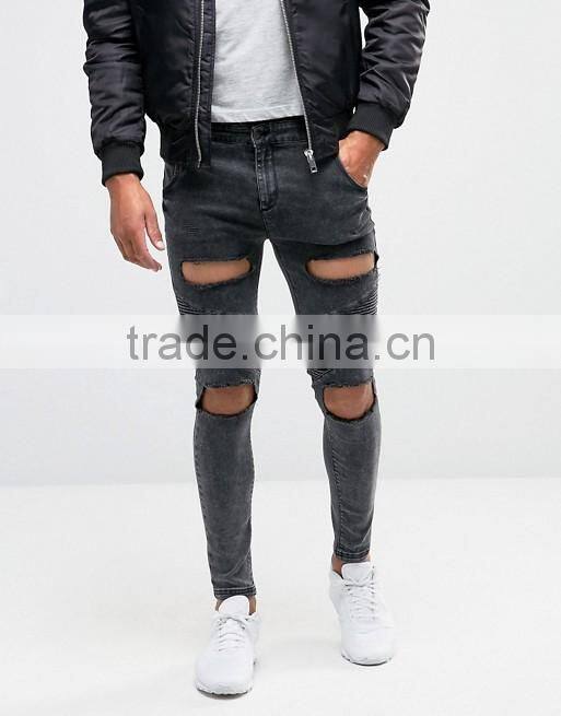 Slim Fit Straight Cut Knee Ripped Acid Wash Jeans Trousers for Men