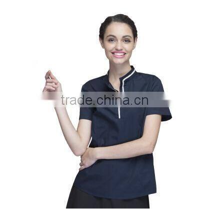 Juqian 2016 custom factory price latest stylish navy cheap short sleeve summer Unisex hotel staff uniform designs in China