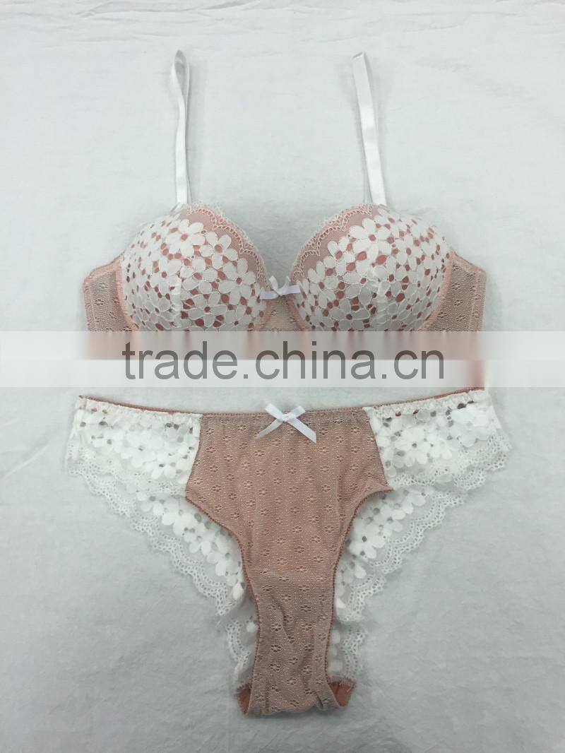 Ladies white lace transparent underwear sexy bra panty set