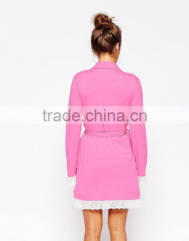 New arrival jersey fabric comfortable fit simple robe lace trim robe for lady