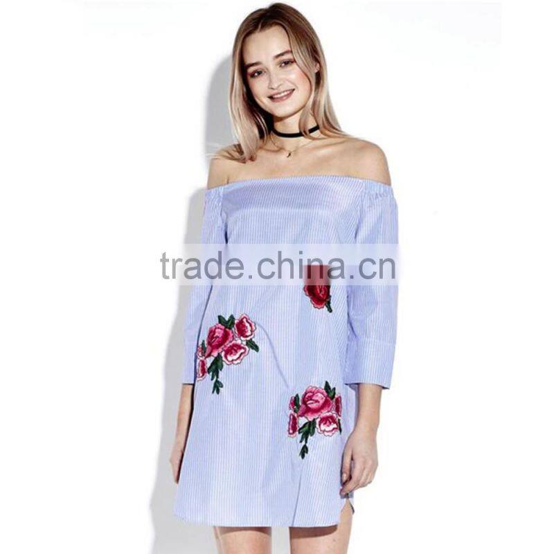 Sexy Rose Embroidery Off Shoulder Stripe Long Sleeve Women Mini Dress