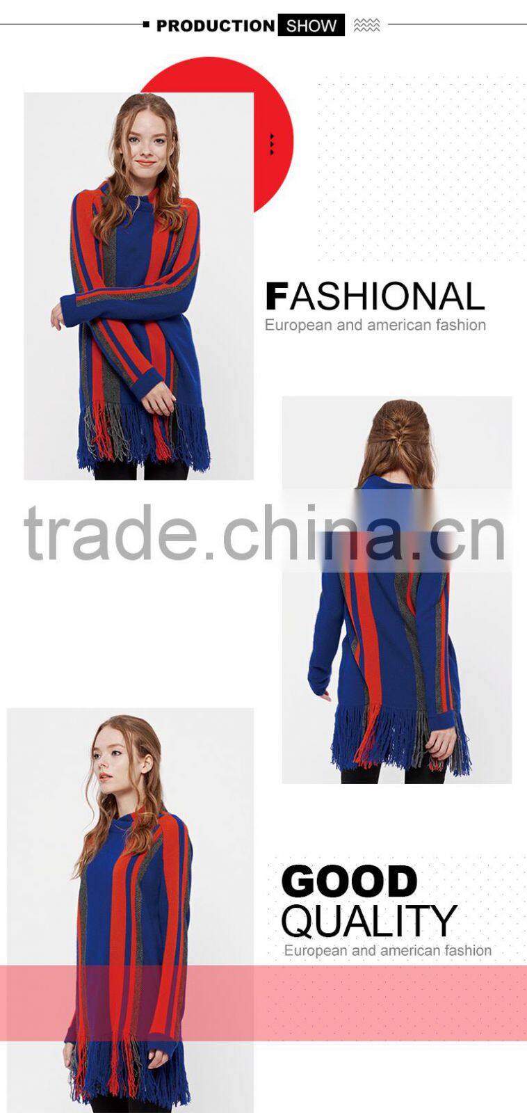 china oem fashion women strip loose pullover long sweaters girl with tassels